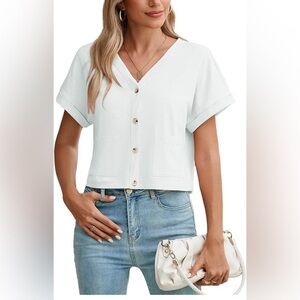 Heymoments Women's Summer Tops Cardigan V-Neck Short Sleeve Button Down Pocket L